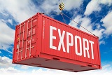 Export - Red Cargo Container hoisted with hook on Blue Sky Background.